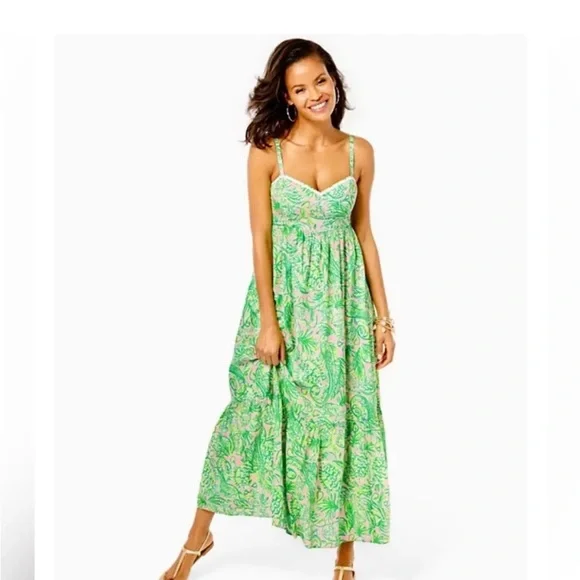 Womens Dresses Lilly Pulitzer Hiedi Cotton Maxi Dress in Mandevilla Baby Fins and Flippers, Size 10
